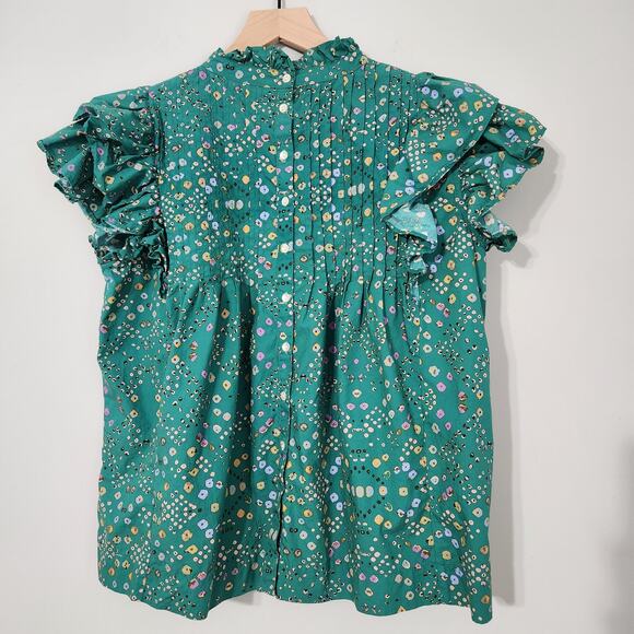 Oliphant Pintuck Ruffle Short Sleeve Top in Shibori Green, S - Picture 6 of 10